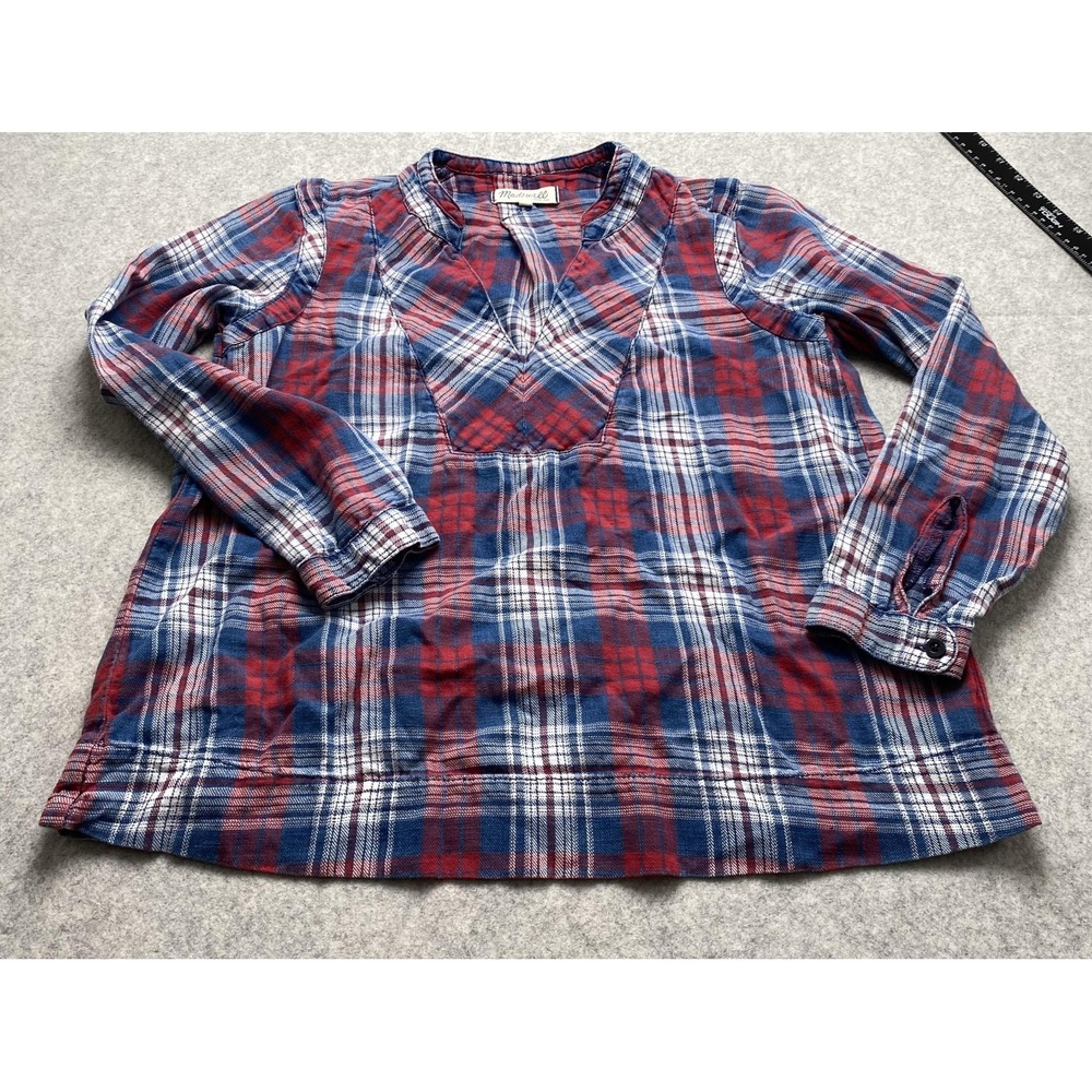 Madewell Blouse Womens Small Blue Plaid Flannel V Neck Long Sleeve Tunic Top